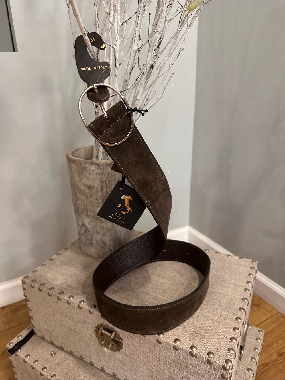 Italian-Made Brown Suede Women’s Belt with Gold Ring Buckle